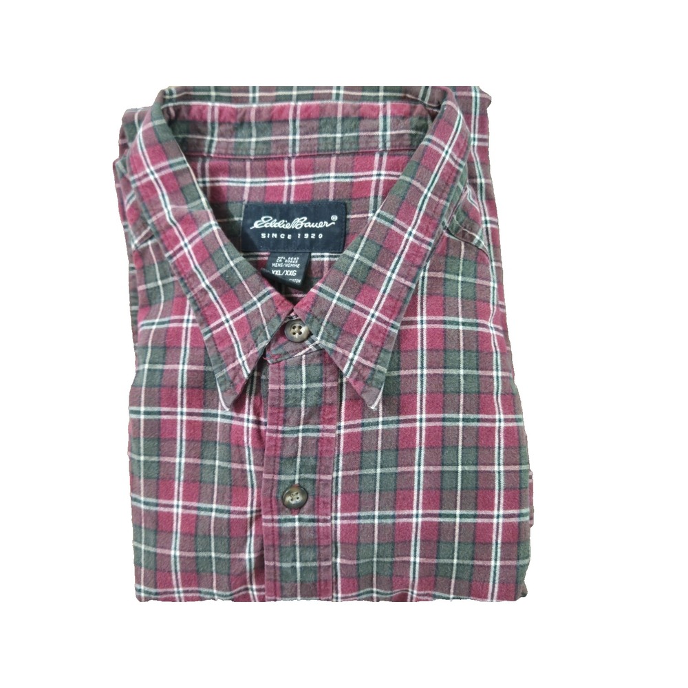 Eddie Bauer Shirt Men's 2XL Green Red Plaid Vintage Button Pockets Flannel XXL - Picture 2 of 5